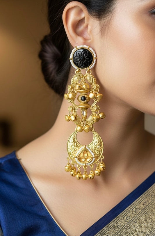 Royal Kashmiri Brass Temple Jhumka Earrings – Antique Gold Long Statement Earrings