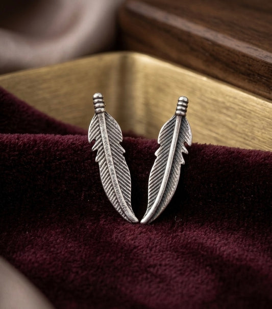 Antique Silver Feather Stud Earrings