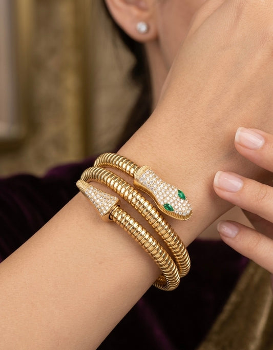 Serpent Pavé Wrap Bangle – Emerald-Eyed Snake Statement Bracelet in Gold