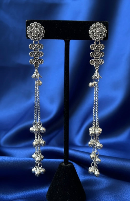 Lightweight Kashmiri Long Silver Ghungroo Jhumka Earrings