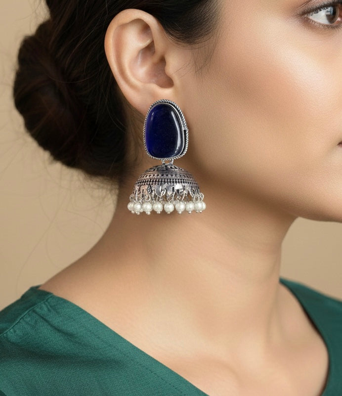 Oxidized Silver Onyx-Style Jhumka Earrings | Traditional Pearl Droplet Dangles