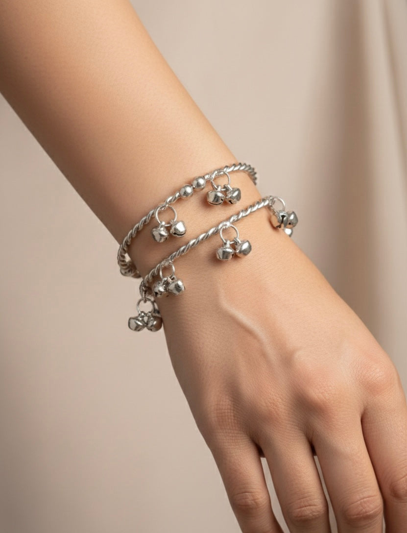 Silver Twisted Ghungroo Bangles – Set of 2 Jingle Bell Charm Bracelets