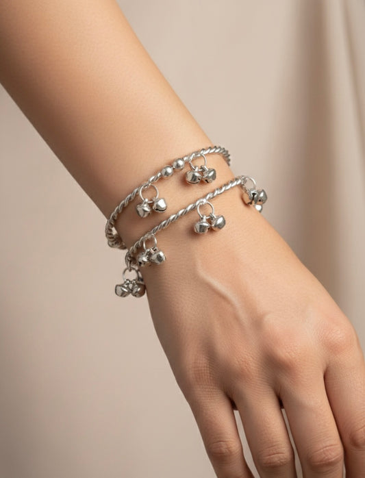 Silver Twisted Ghungroo Bangles – Set of 2 Jingle Bell Charm Bracelets