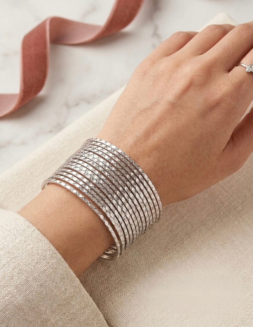 Diamond-Cut Shimmer Bangle Set – 12-Piece Oxidized Silver Textured Stacking Bracelets