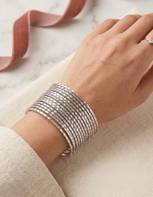Diamond-Cut Shimmer Bangle Set – 12-Piece Oxidized Silver Textured Stacking Bracelets