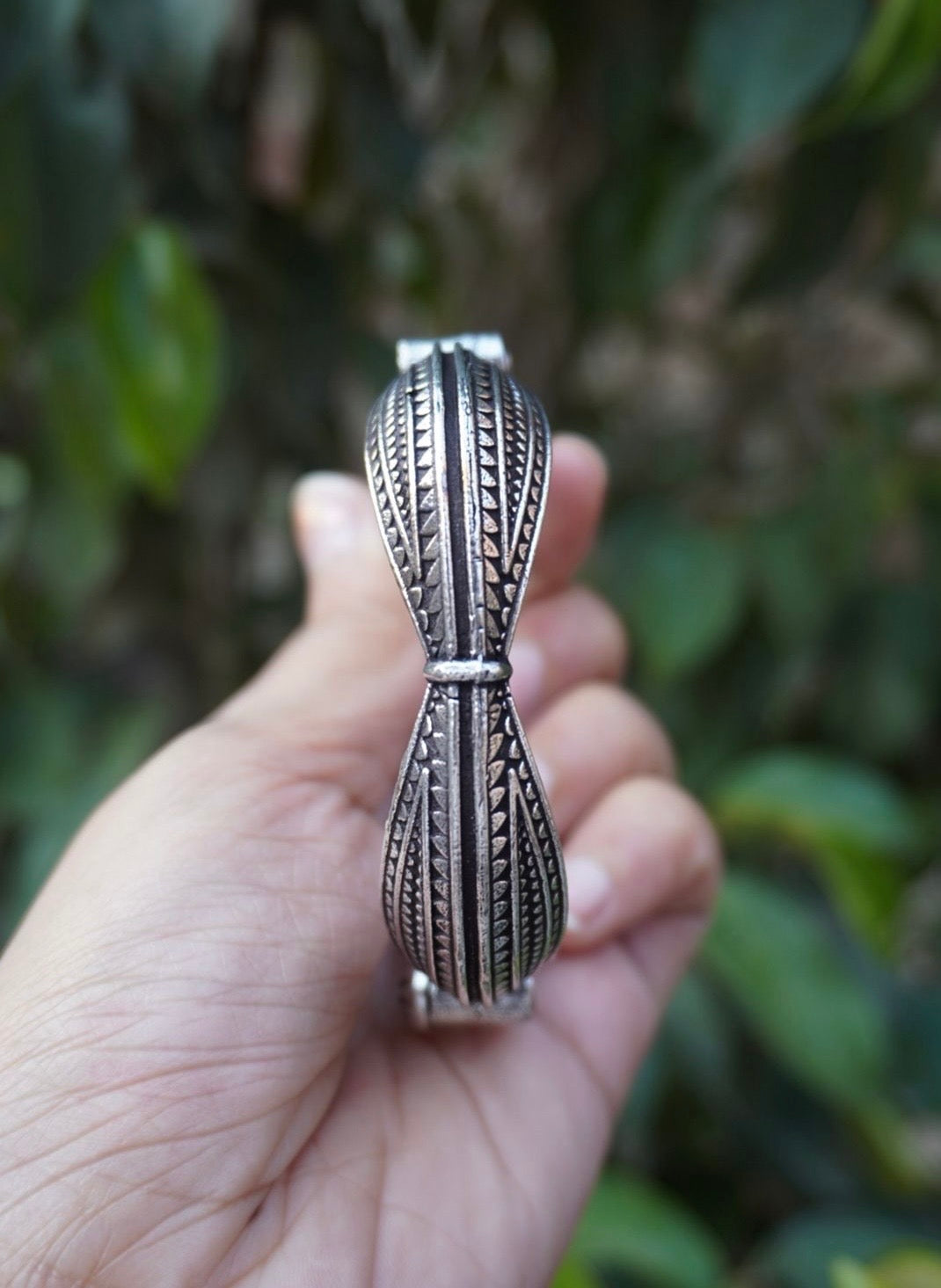 Nomadic Curved Kada – Oxidized Silver Statement Bangle with Tribal Engravings