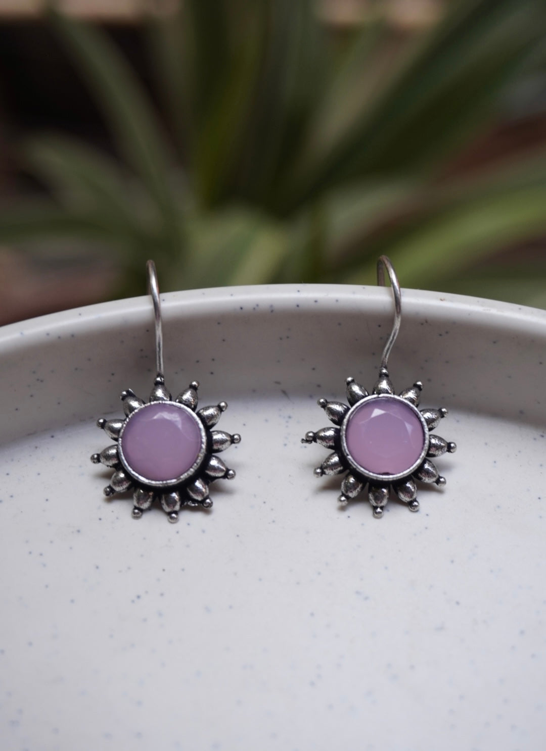 Oxidised Silver Tribal Sunburst Petite Drop Earrings with Pastel Accents
