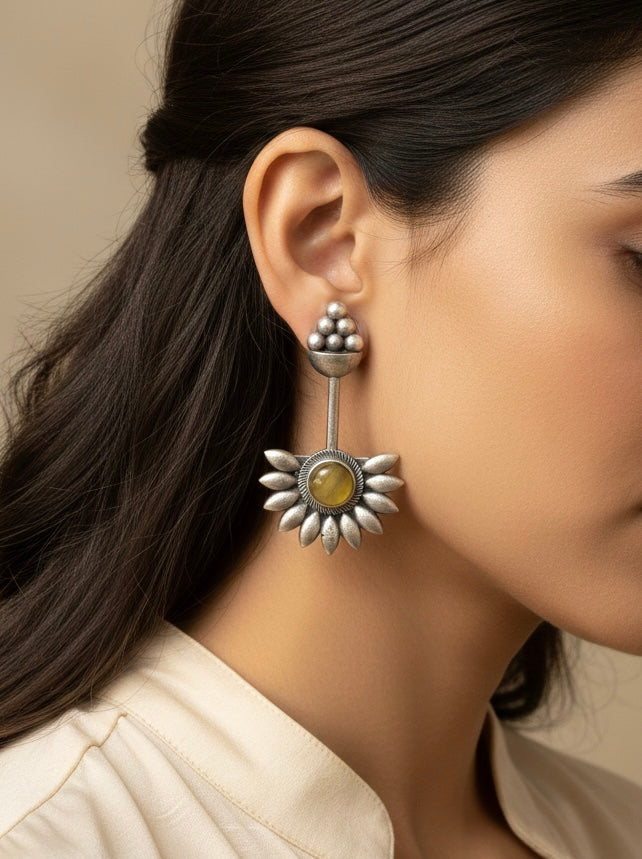 Amber Sunburst Statement Earring – Oxidized Silver Tribal Drop