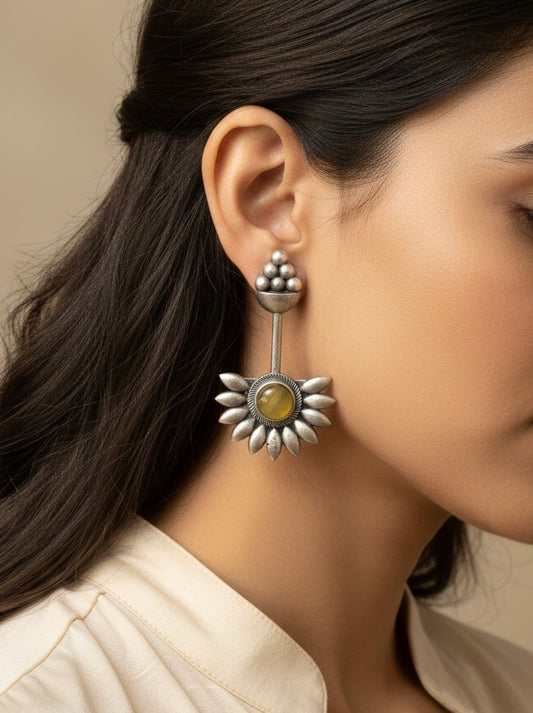 Amber Sunburst Statement Earring – Oxidized Silver Tribal Drop