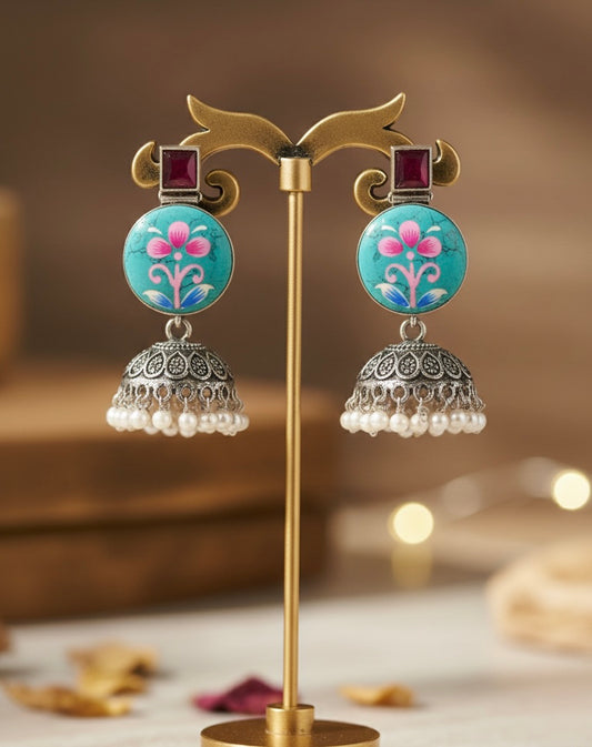 Meenakari Hand-Painted Floral Jhumkas with Turquoise Accents