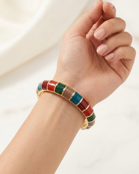 Mosaic Enamel Hinged Bangle – Multi-Color Earth Tone Paneled Bracelet in Polished Gold