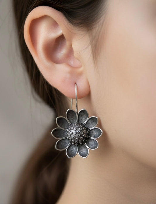 Oxidized Sunflower Drop Earrings – Handcrafted Silver Finish