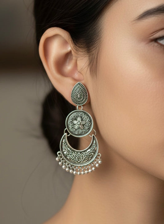 Chandbali Drop Earrings with Intricate Filigree & Pearl Droplets