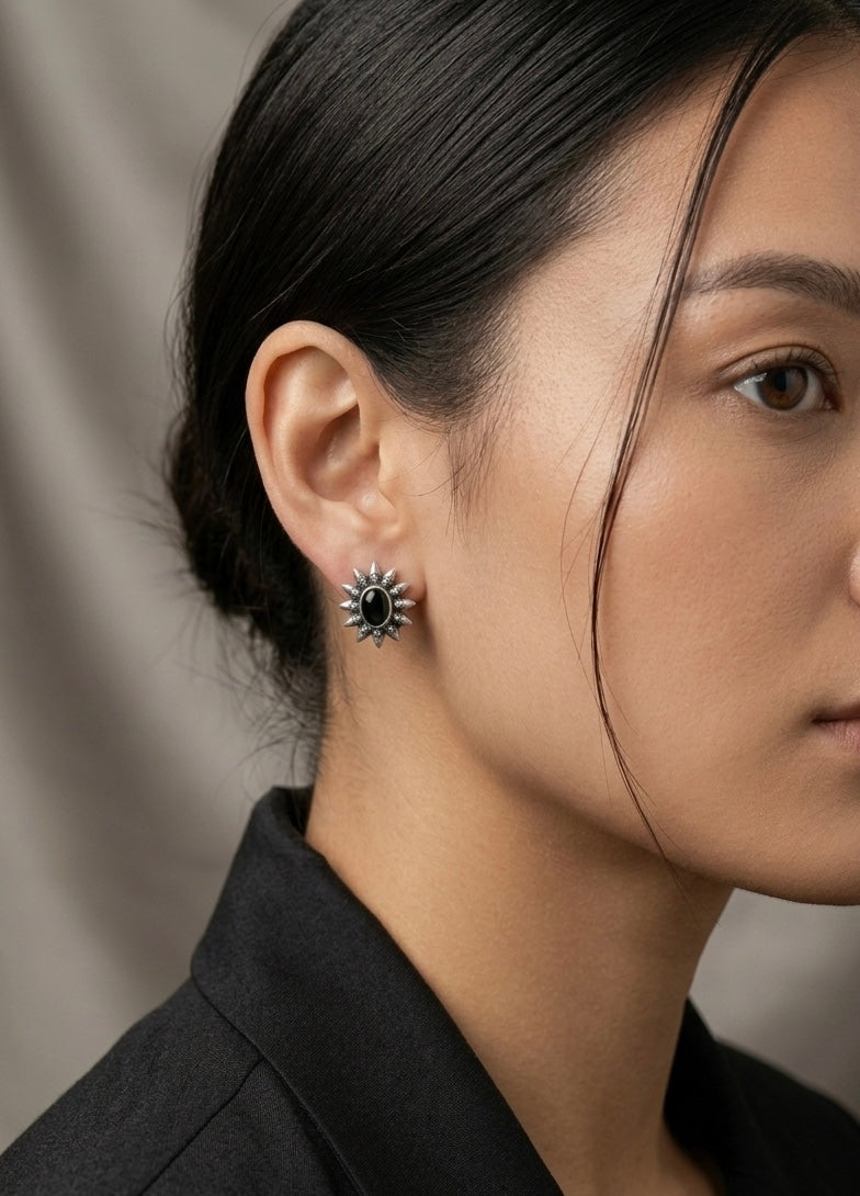 Oxidized Silver Stone Studs | Tribal Sunburst Petite Earrings with Pastel Accents