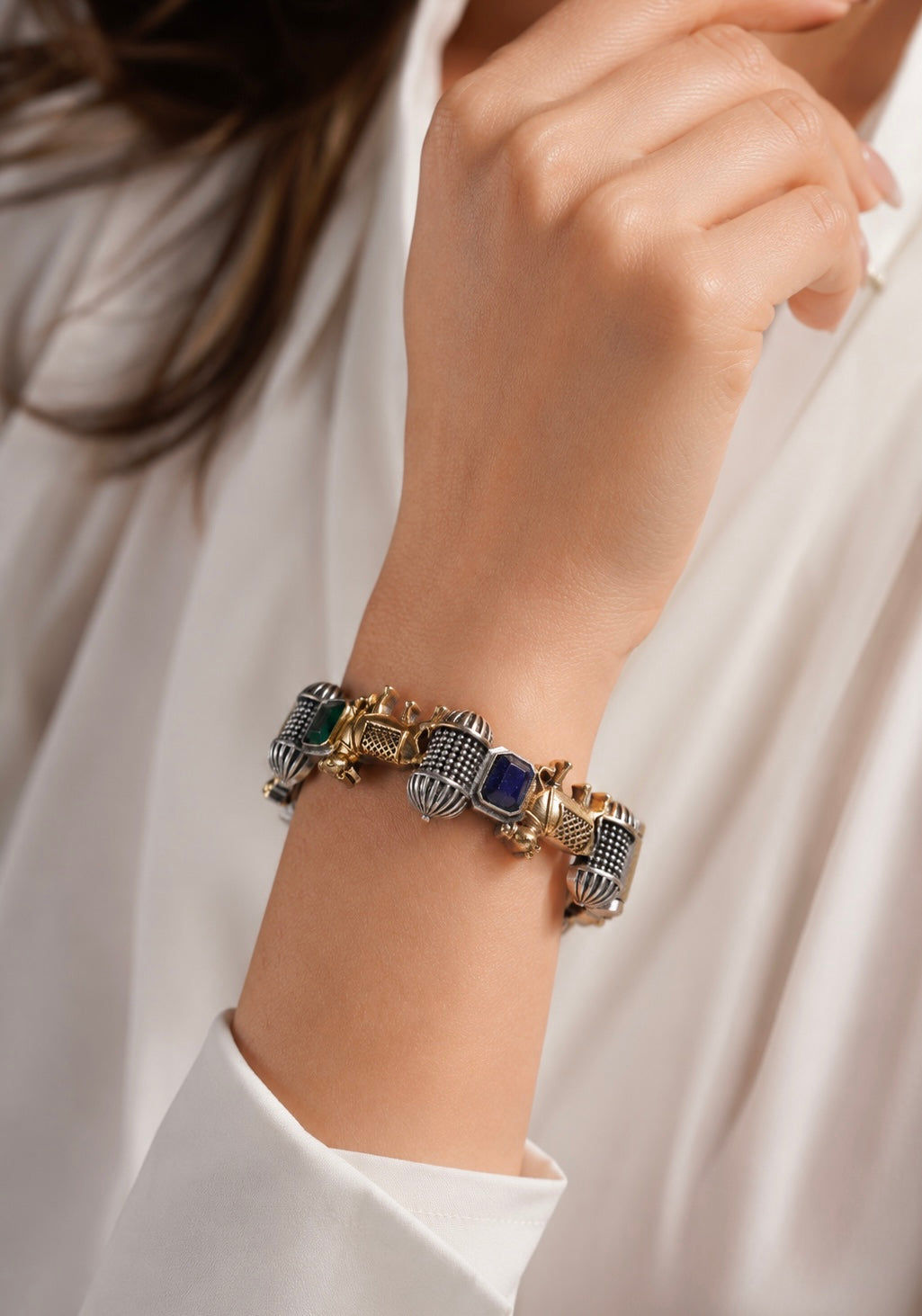 Royal Heritage Charm Link Bracelet – Two-Tone Antique Gold and Silver Bracelet with Sapphire & Emerald Accents