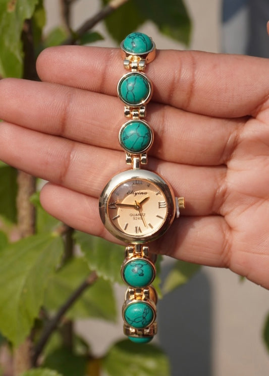 Turquoise Cabochon Stone Inlay Gold Bracelet Watch