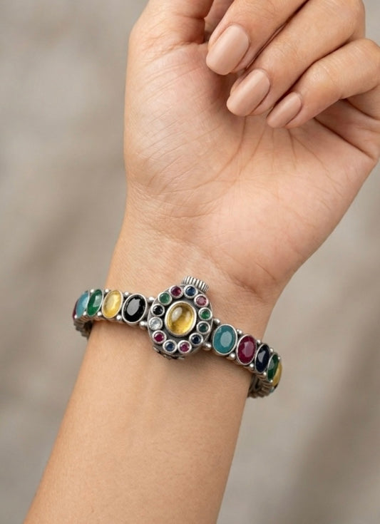 Royal Navratna-Inspired Multi-Stone Bracelet – Oxidized Silver Vintage Statement Kada