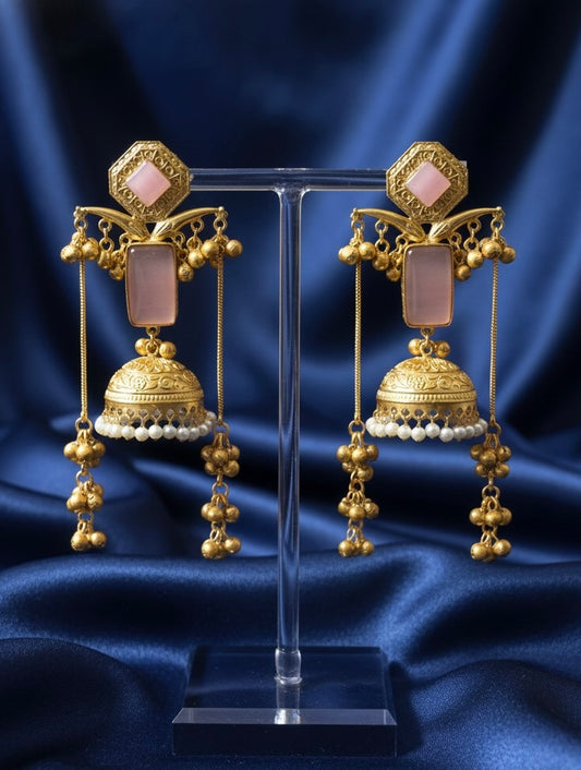 Royal Kashmiri Pink Stone Jhumka Earrings | Traditional Handcrafted Bridal Statement Jewelry