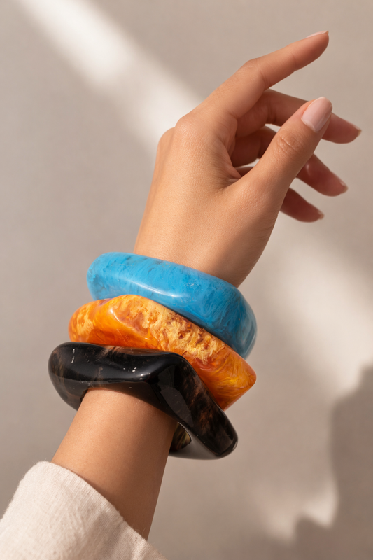 Resin Bangle Trio | Chunky Marbled Statement Set in Azure, Amber, and Onyx