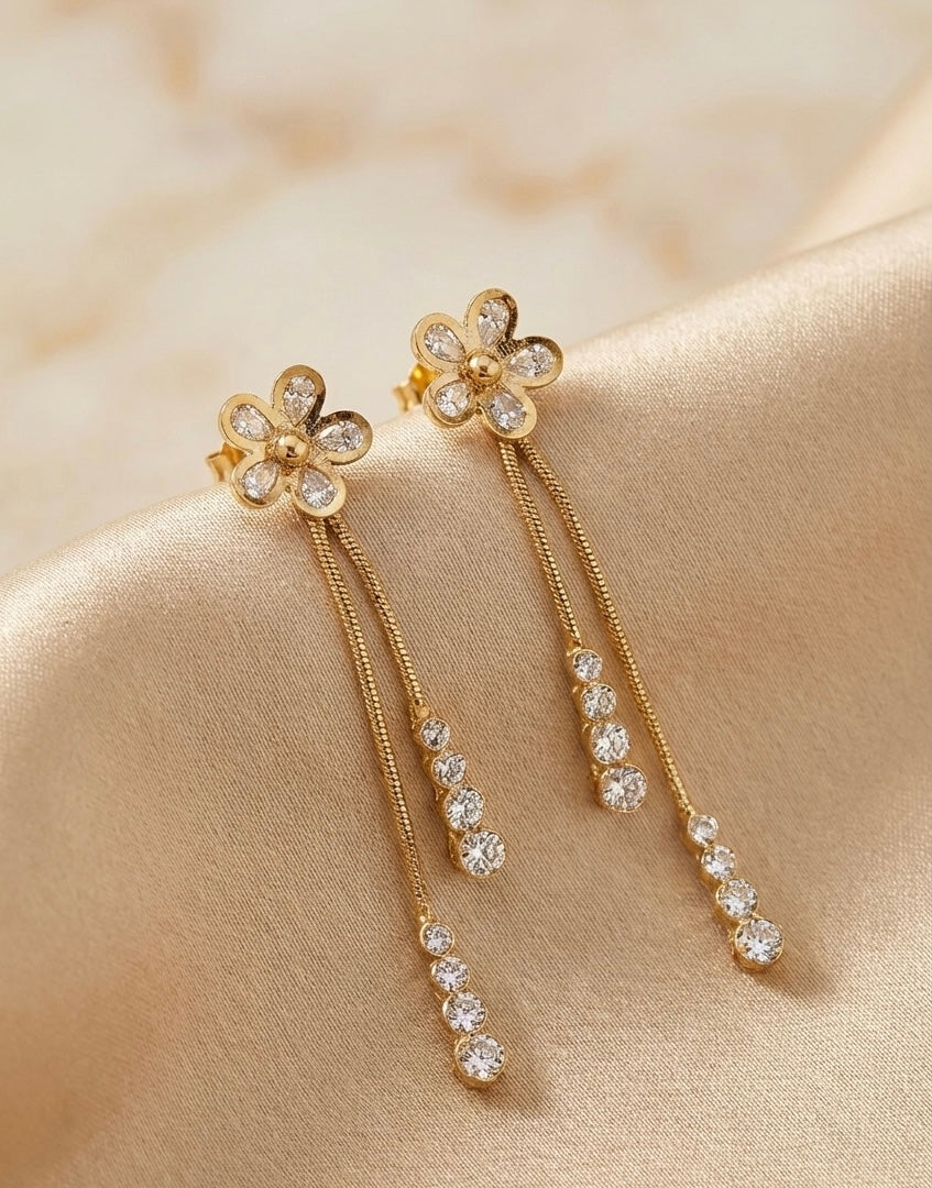 Gold Floral Drop Earrings with Dual Chain & Crystal Danglers