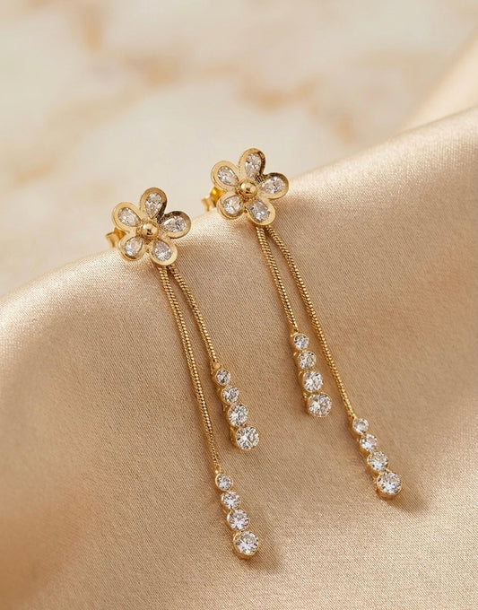 Gold Floral Drop Earrings with Dual Chain & Crystal Danglers