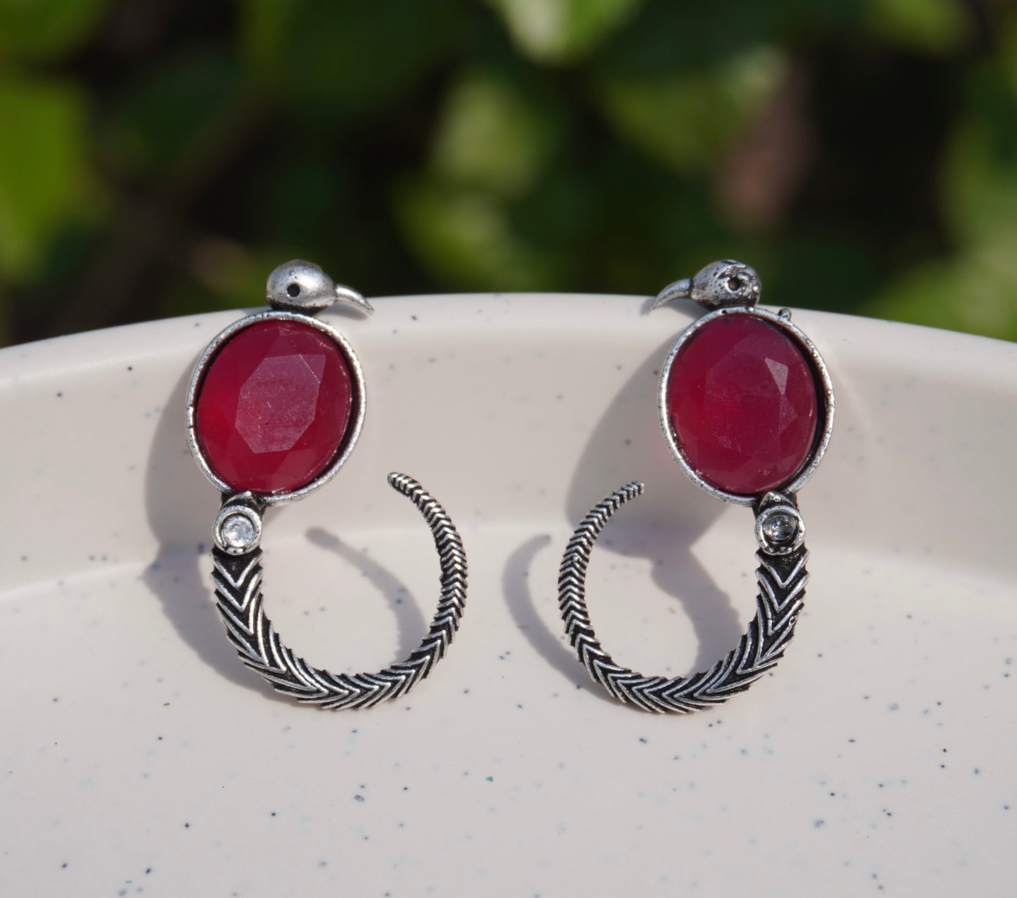 Pink Stone Antique Silver Hoop Earrings