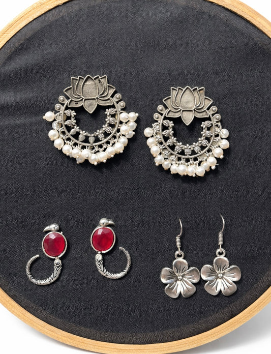 Botanical Spirit German Silver Set – Floral Drops and Ruby-Hued Parrot Earrings