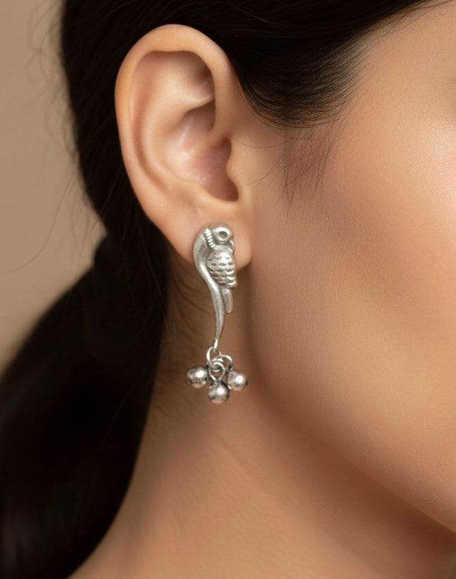 Oxidised Parrot Design Stud Earrings with Dangling Ghungroo