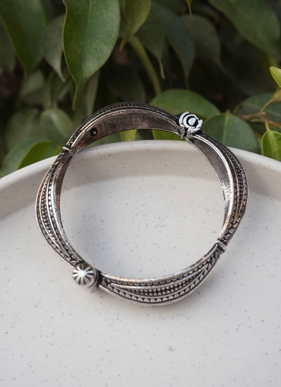 Nomadic Curved Kada – Oxidized Silver Statement Bangle with Tribal Engravings