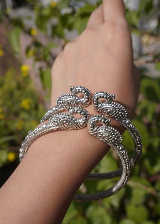 Antique Oxidized Silver Peacock Kada Bangle Set - Handcrafted Tribal Bracelet