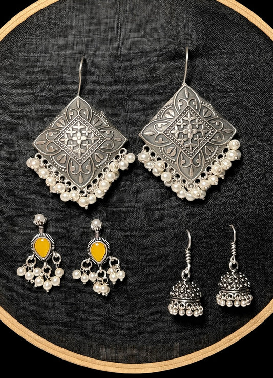 Heritage Artisan Earring Set | 3-Pair Oxidized Silver Trio with Filigree Drops, Jhumkas & Pearl Accents