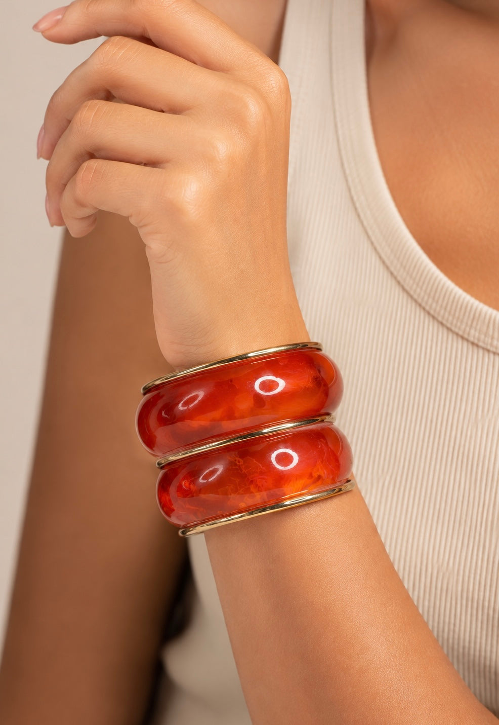 Carnelian Glow Chunky Resin Bangle Set | Marbled Amber-Red & Gold-Trim Cuffs (Set of 2)