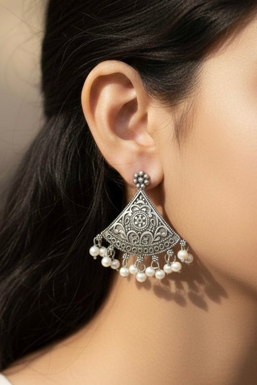 Oxidised Premium Silver Pearl Drop Jhumka Earrings