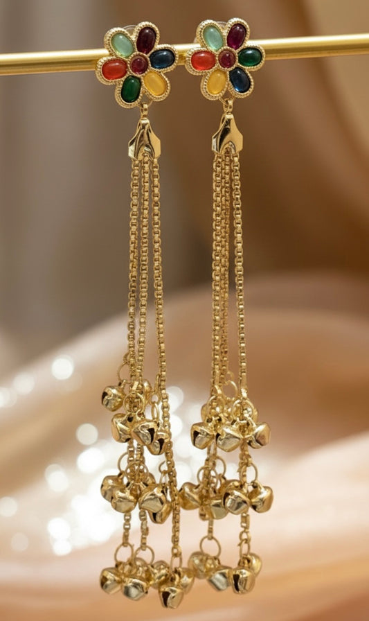 Rainbow Petal Tassel Earrings – Dangles with Melodic Bells