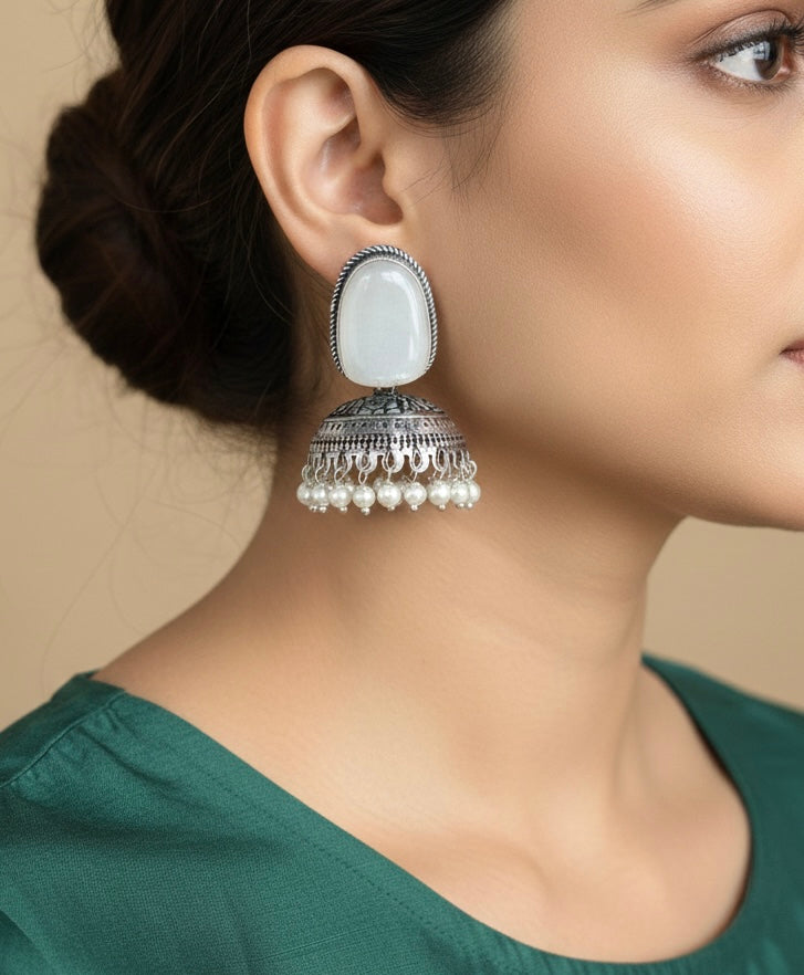 Oxidized Silver Onyx-Style Jhumka Earrings | Traditional Pearl Droplet Dangles