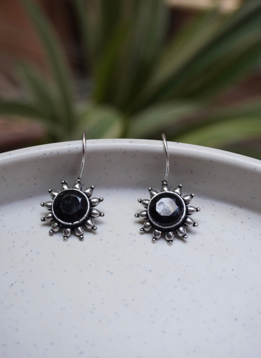 Oxidised Silver Tribal Sunburst Petite Drop Earrings with Pastel Accents