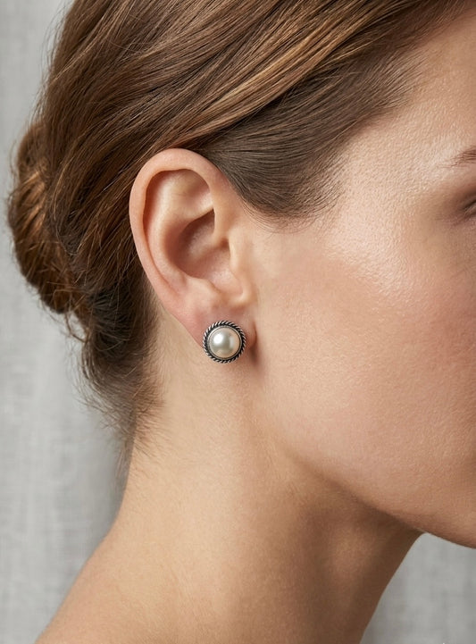 Antique Silver Pearl Stud Earrings | Oxidized Rope-Edge Border Classic Round Studs