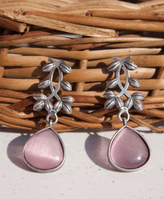 Pink Teardrop Oxidised Silver Leaf Drop Earrings