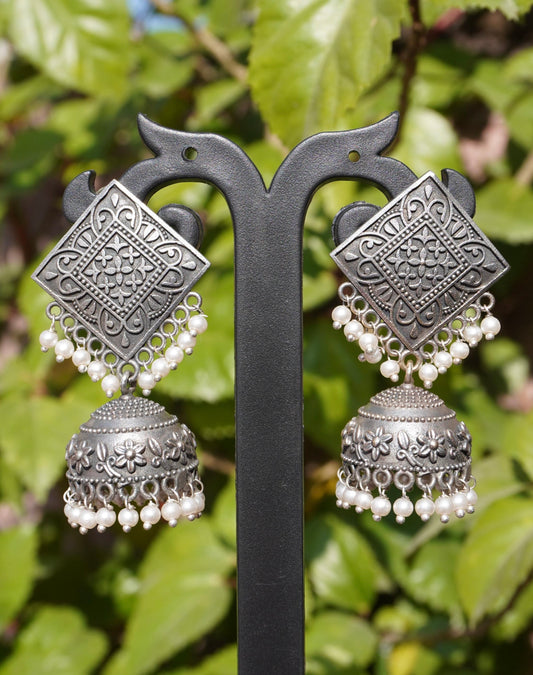 Trending Premium Oxidised Square Jhumka Earrings with Pearl Drops