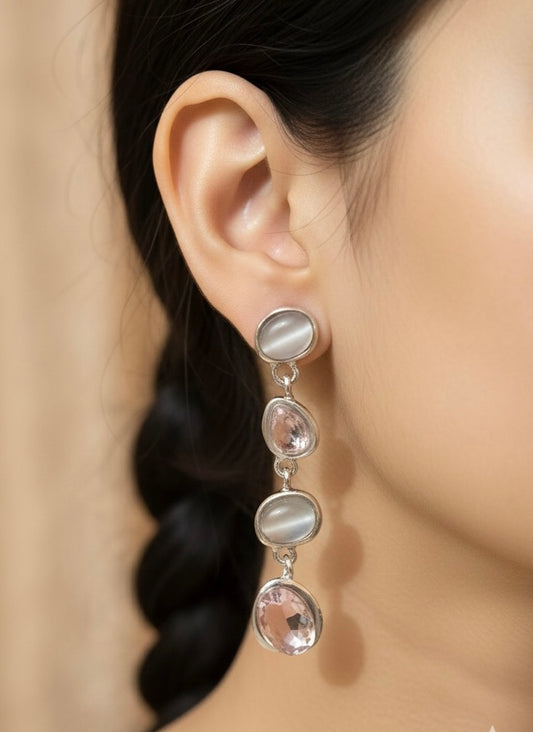 Aurora Quartz & Cat Eye Gemstone Drop Earrings | Silver-Tone Cascade Dangles