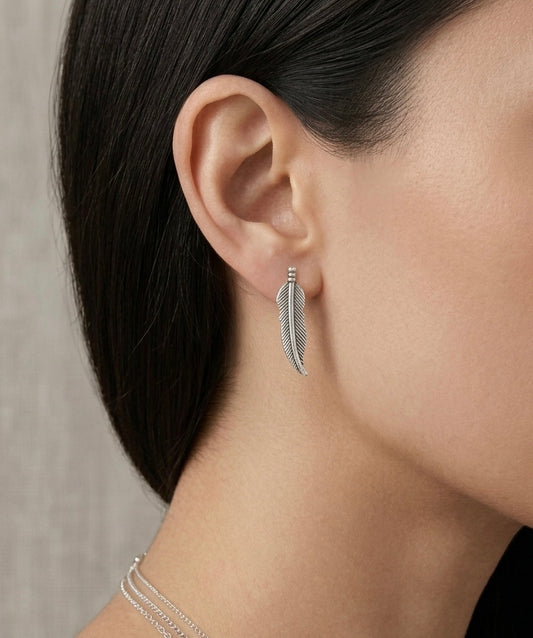 Antique Silver Feather Stud Earrings