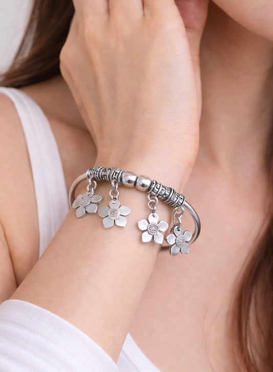 Oxidized Silver Floral Charm Bangle | Handcrafted Garden Blossom Dangle Bracelet