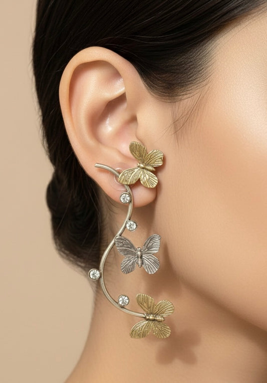 Dual Tone Butterfly Vine Earrings - Crystal Accented Ear Climbers
