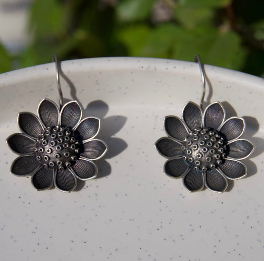 Oxidized Sunflower Drop Earrings – Handcrafted Silver Finish
