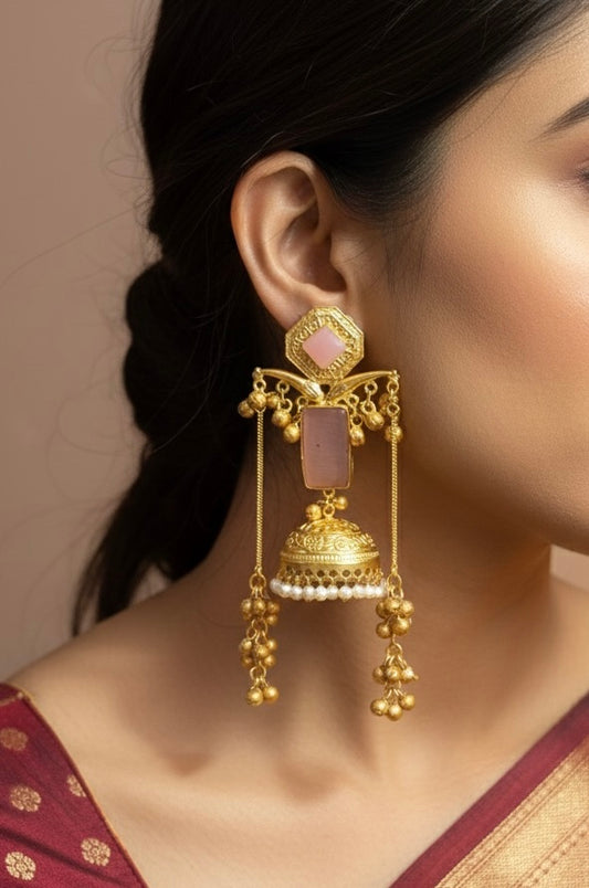 Royal Kashmiri Pink Stone Jhumka Earrings | Traditional Handcrafted Bridal Statement Jewelry