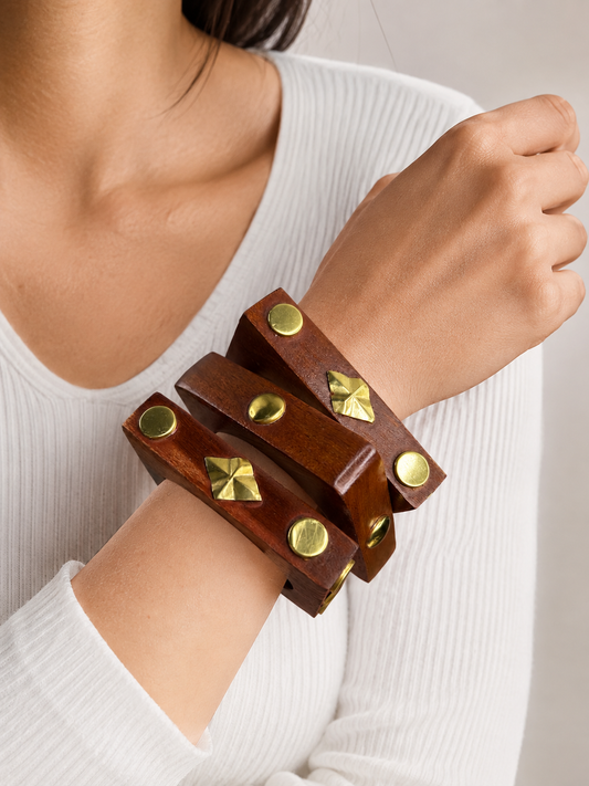 Walnut Wood & Brass Studded Bangle Stack | Geometric Architectural Cuff Set (Set of 3)