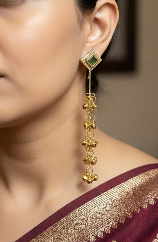 Golden Cascade Kashmiri Drop Earrings with Ghungroo Detailing