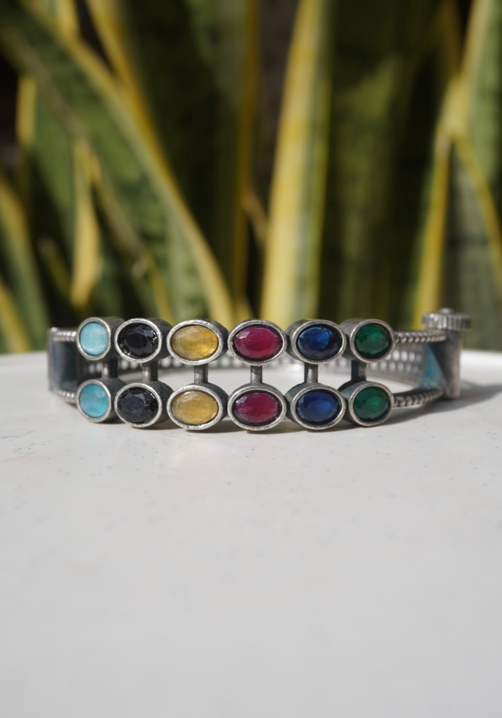 Navratna-Inspired Multi-Stone Dual-Rail Bangle – Vibrant Colored Stone Statement Kada in Oxidized Silver