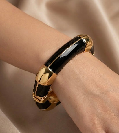 Onyx & Gold Architectural Cuff – Bold Black Enamel Hinged Bracelet
