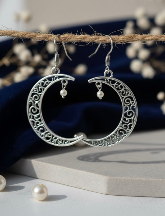 Celestial Filigree Crescent Moon Earrings – Oxidized Silver Finish with Pearl Accent